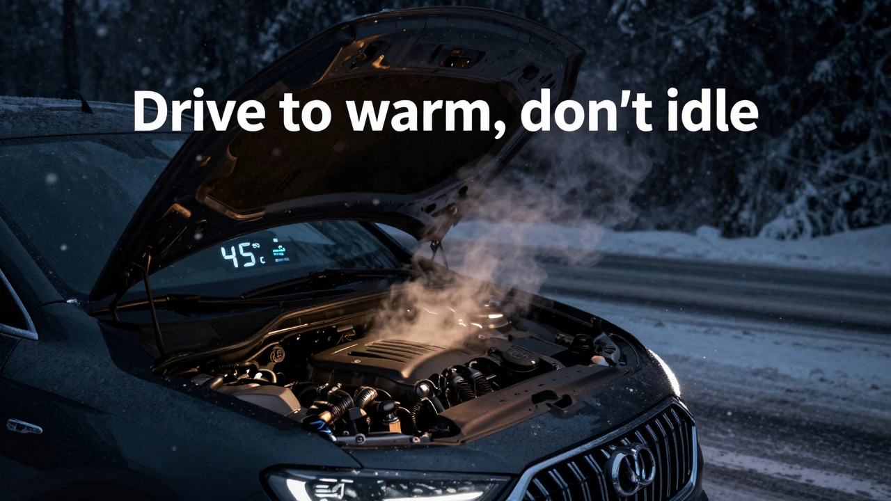 Автомобиль медленно едет по снежной дороге ночью, двигатель прогревается при движении, а не на холостых.