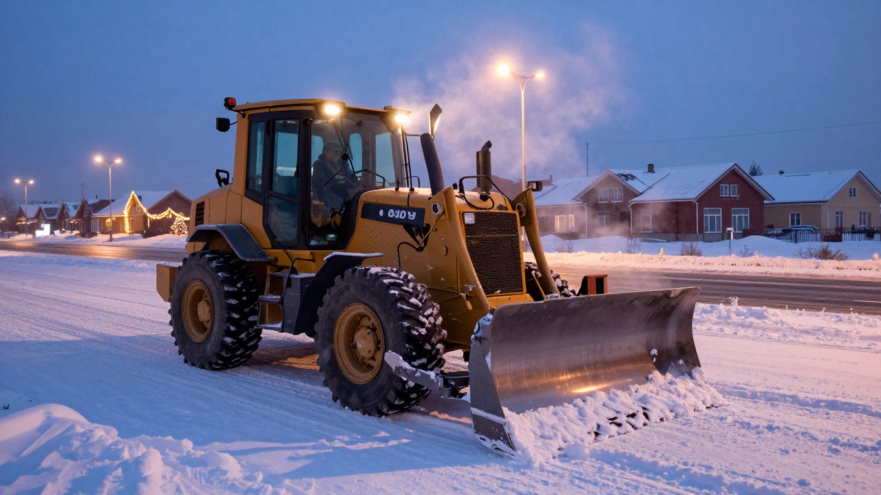 Бульдозер убирает снег с парковки в зимней Казани, на фоне новостроек и уличных фонарей.