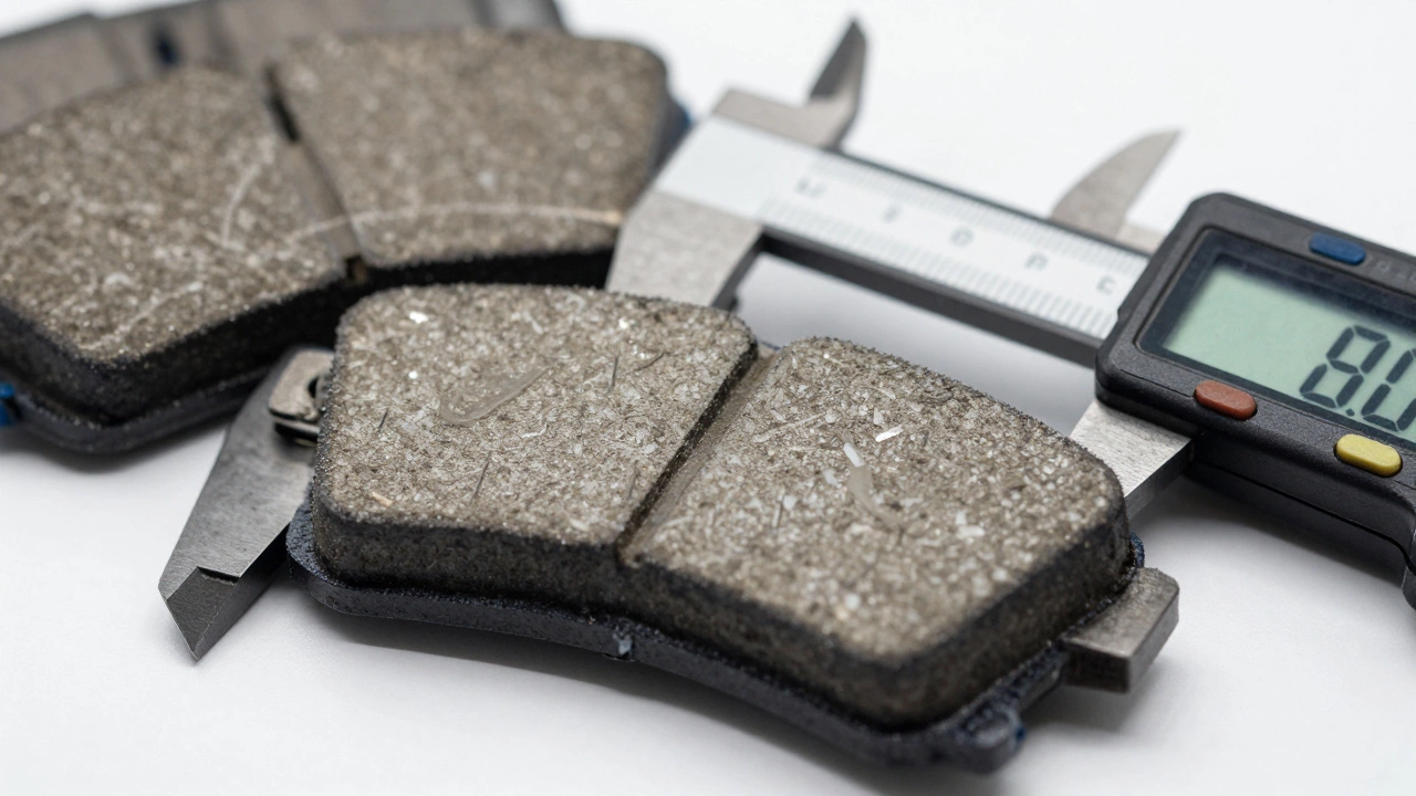 Детальный вид тормозных колодок BrakeBest под светом рабочего стола с измерительным прибором