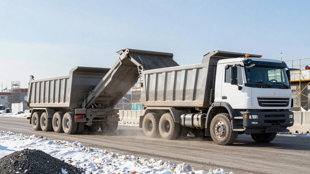 Два самосвала выгружают щебень на строительной площадке в Казани, пыль и солнечный свет.