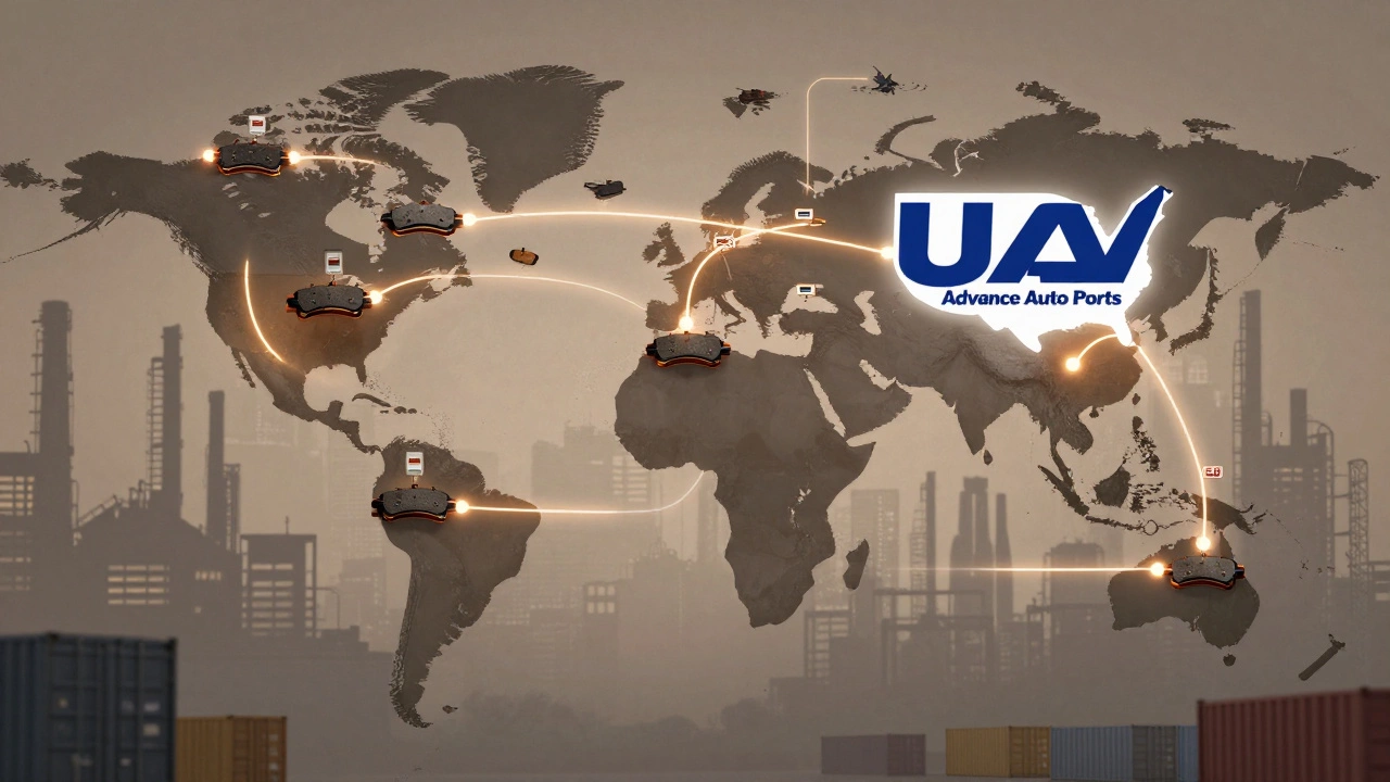 Глобальная цепочка поставок BrakeBest: заводы в Китае и Мексике соединены с логотипом Advance Auto Parts