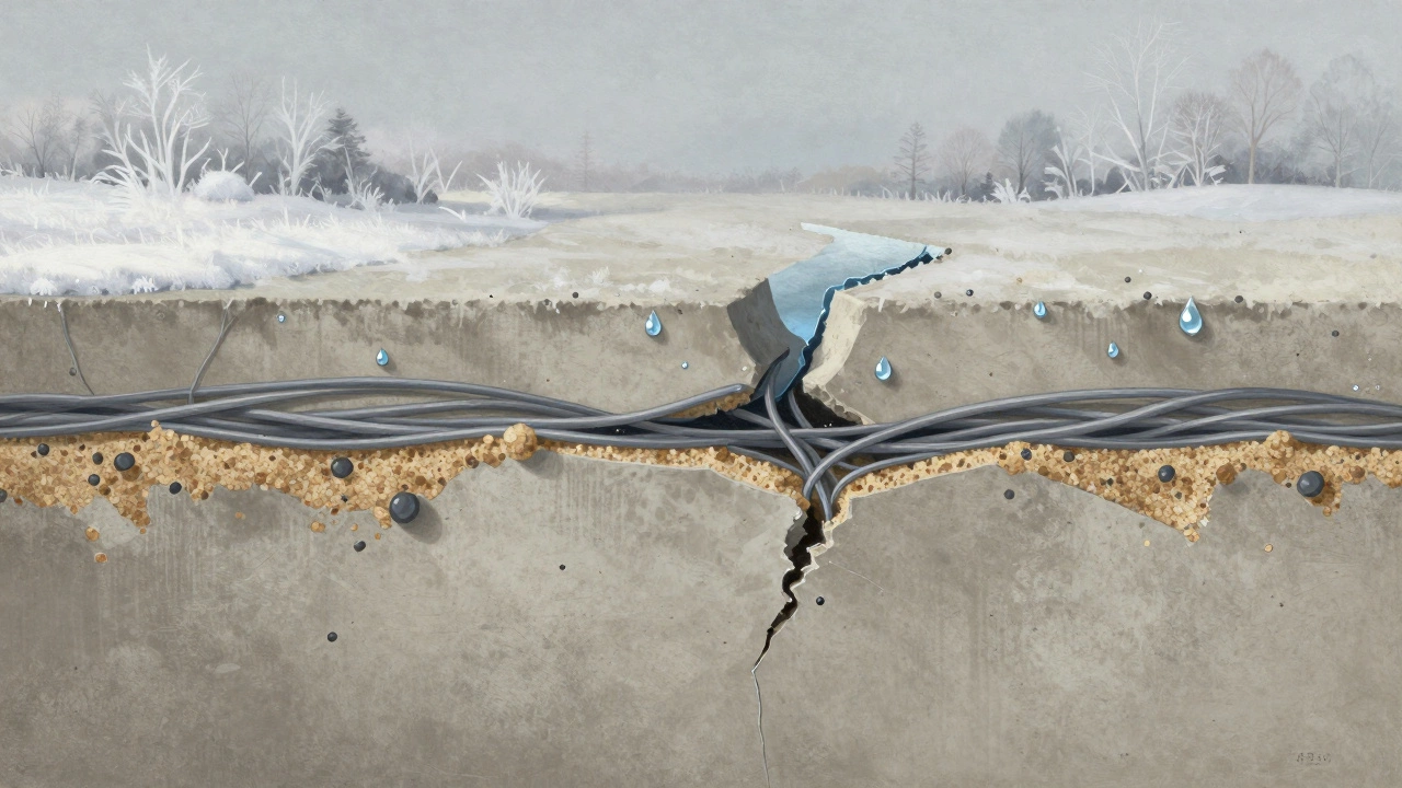 Микроструктура бетона с волокнами и гидрофобными барьерами, защищающими от трещин.