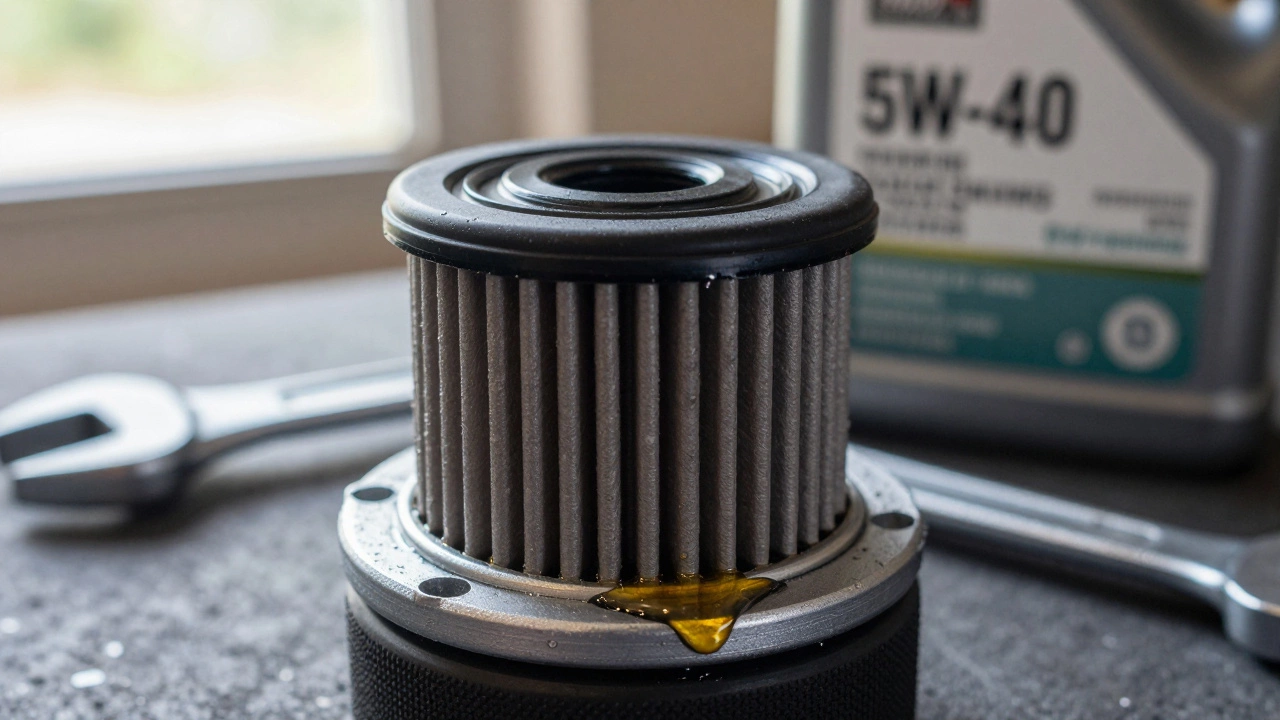 Новый масляный фильтр с каплей масла на уплотнении, рядом — инструменты и этикетка с вязкостью.