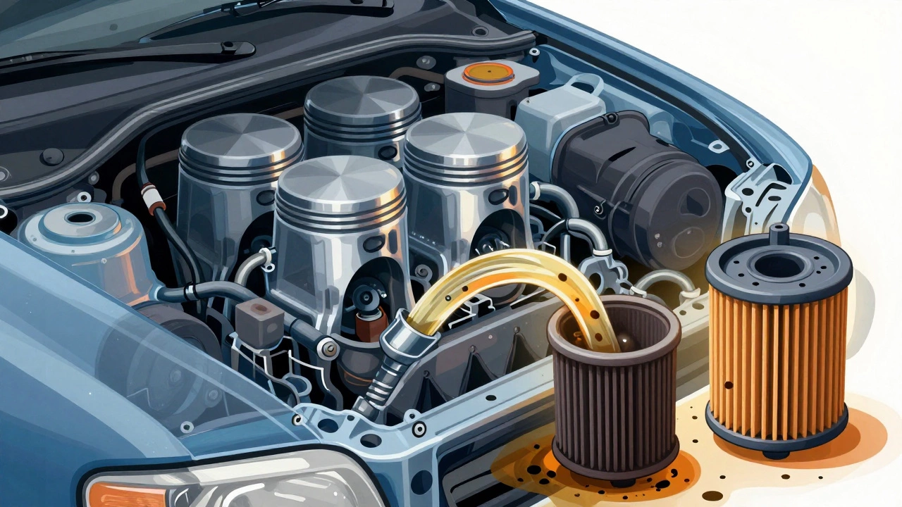 Прозрачный двигатель показывает циркуляцию чистого масла и фильтрацию загрязнений, в отличие от забитого фильтра.