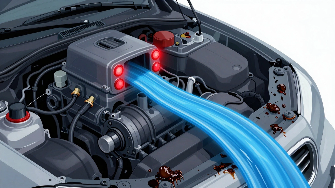 Прозрачный двигатель с потоками масла и предупреждающими огнями, символизирующий правильное и неправильное обслуживание.