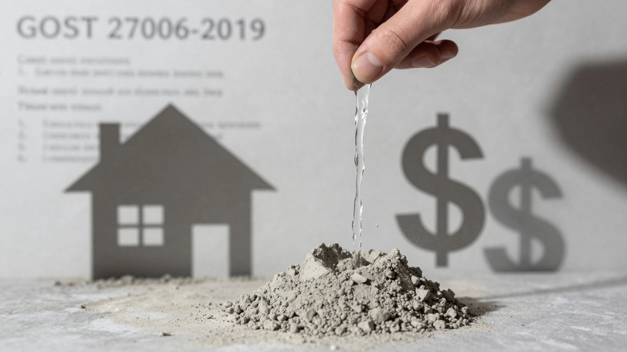 Рука заливает воду в цемент, тень образует разрушающийся дом и падающий доллар.