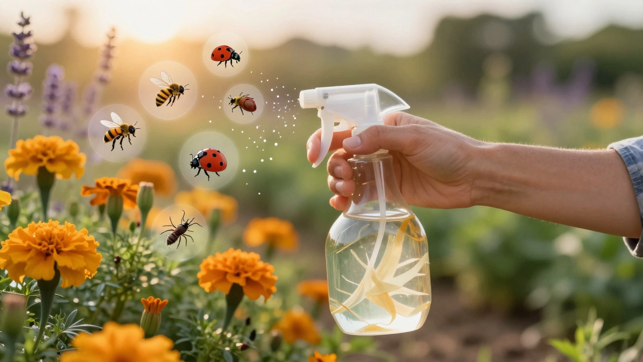 Руки с распылителем с отваром луковой шелухи, вокруг — плавающие образы полезных и вредных насекомых.