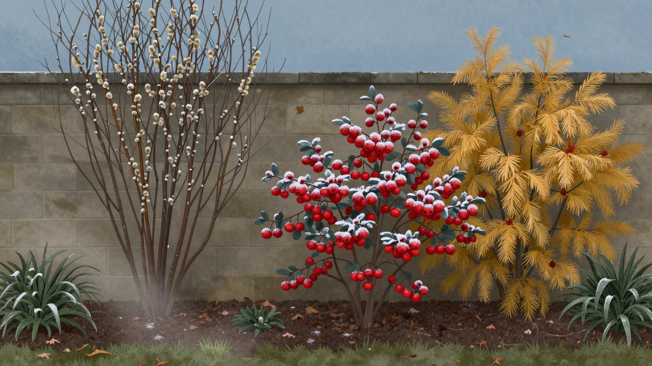 Северная стена с ивой, калиной и можжевельником под зимним снегом.
