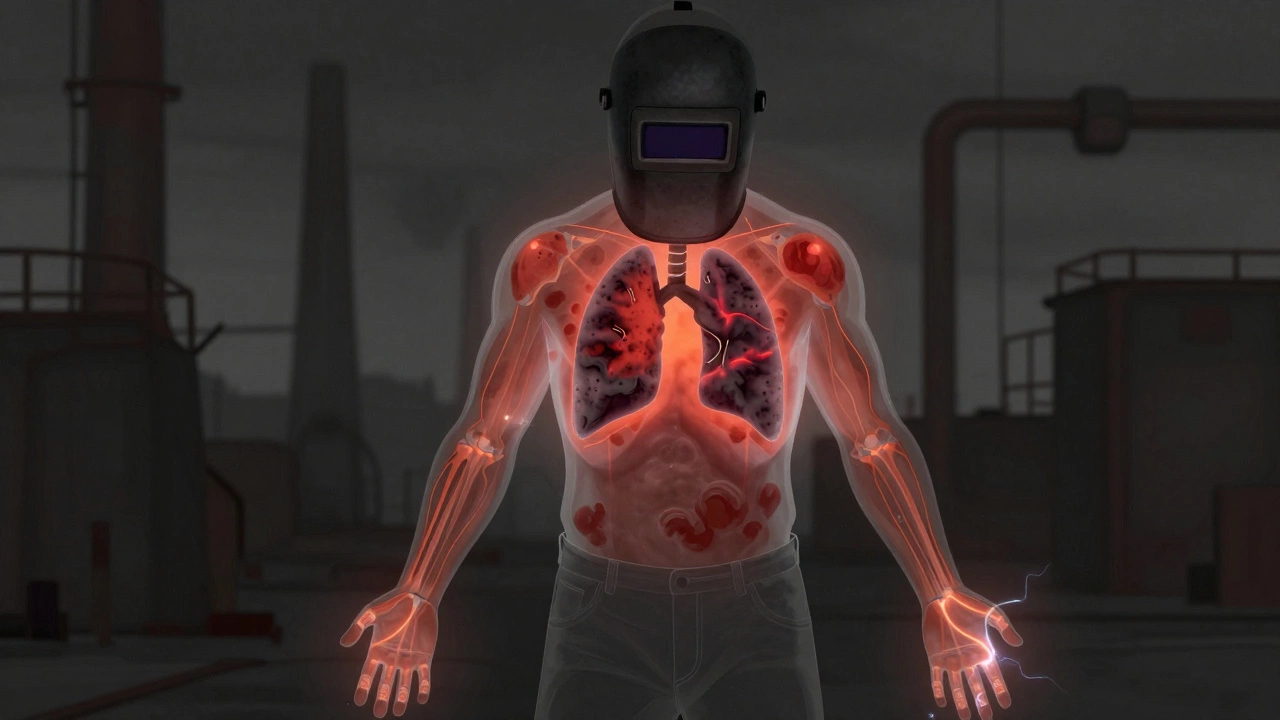 Силуэт сварщика с визуализацией повреждений: УФ-лучи, токсичные пары и вибрация в теле.