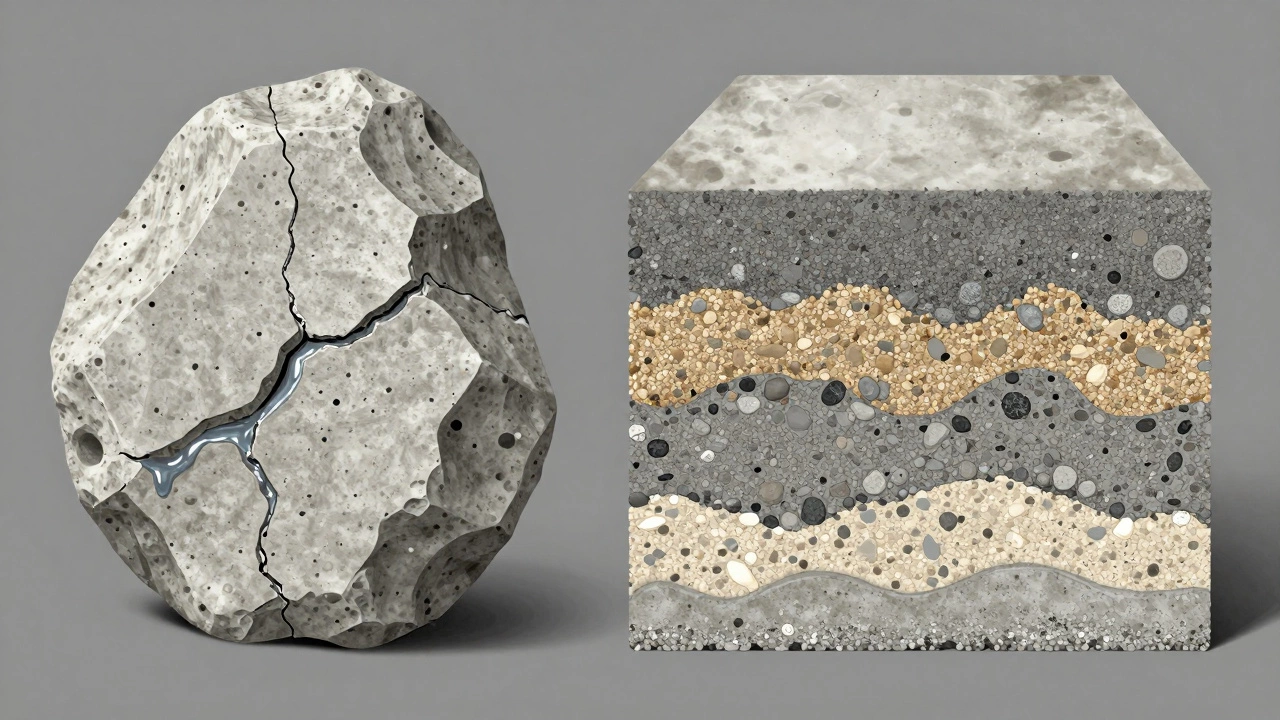 Сравнение структуры: хрупкий цемент слева и плотный бетон с песком и щебнем справа.