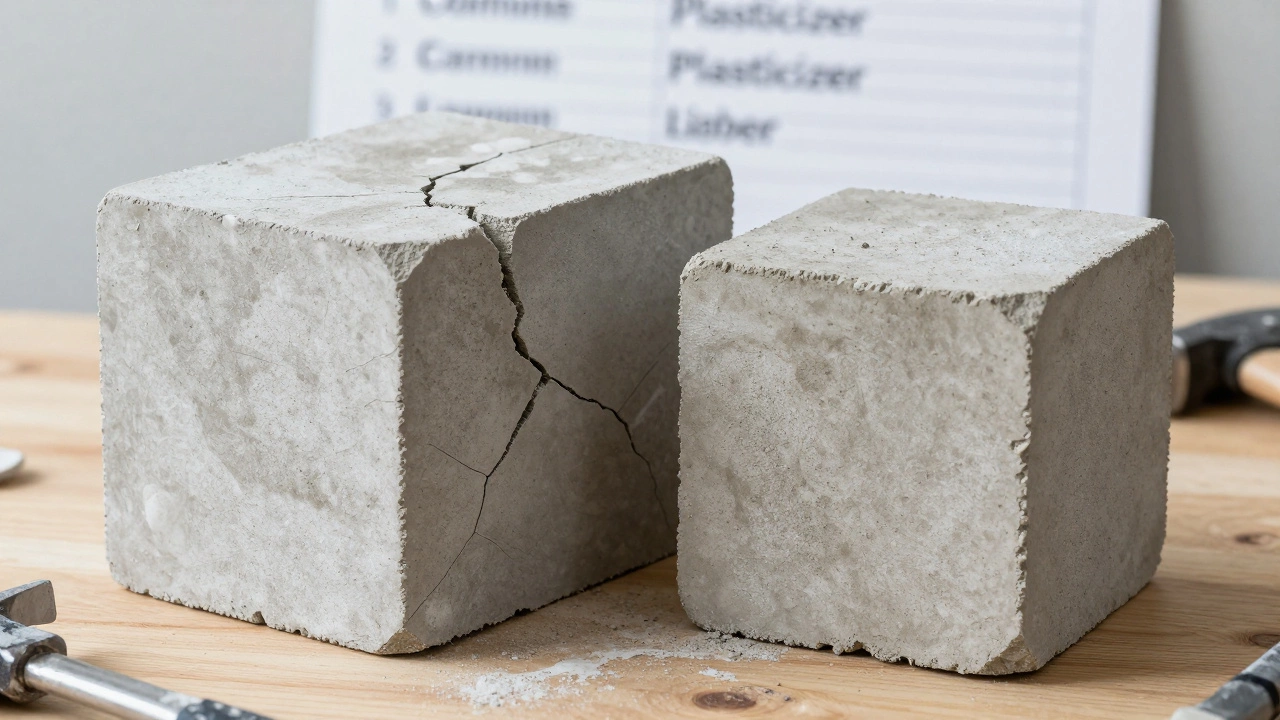 Сравнение треснувшего и прочного бетонных образцов с признаками правильного и неправильного замеса.