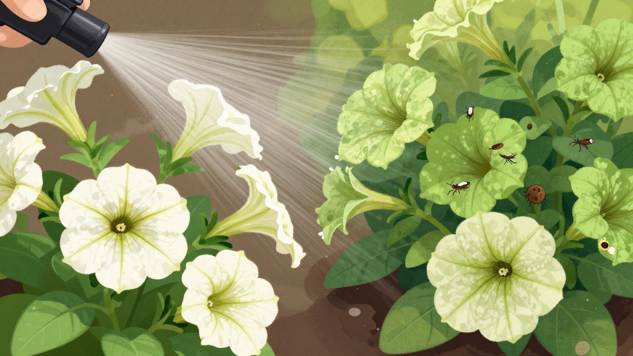 Сравнение здоровых и пораженных цветов: на одном side — чесночный настой, на другом — вредители и грибок.