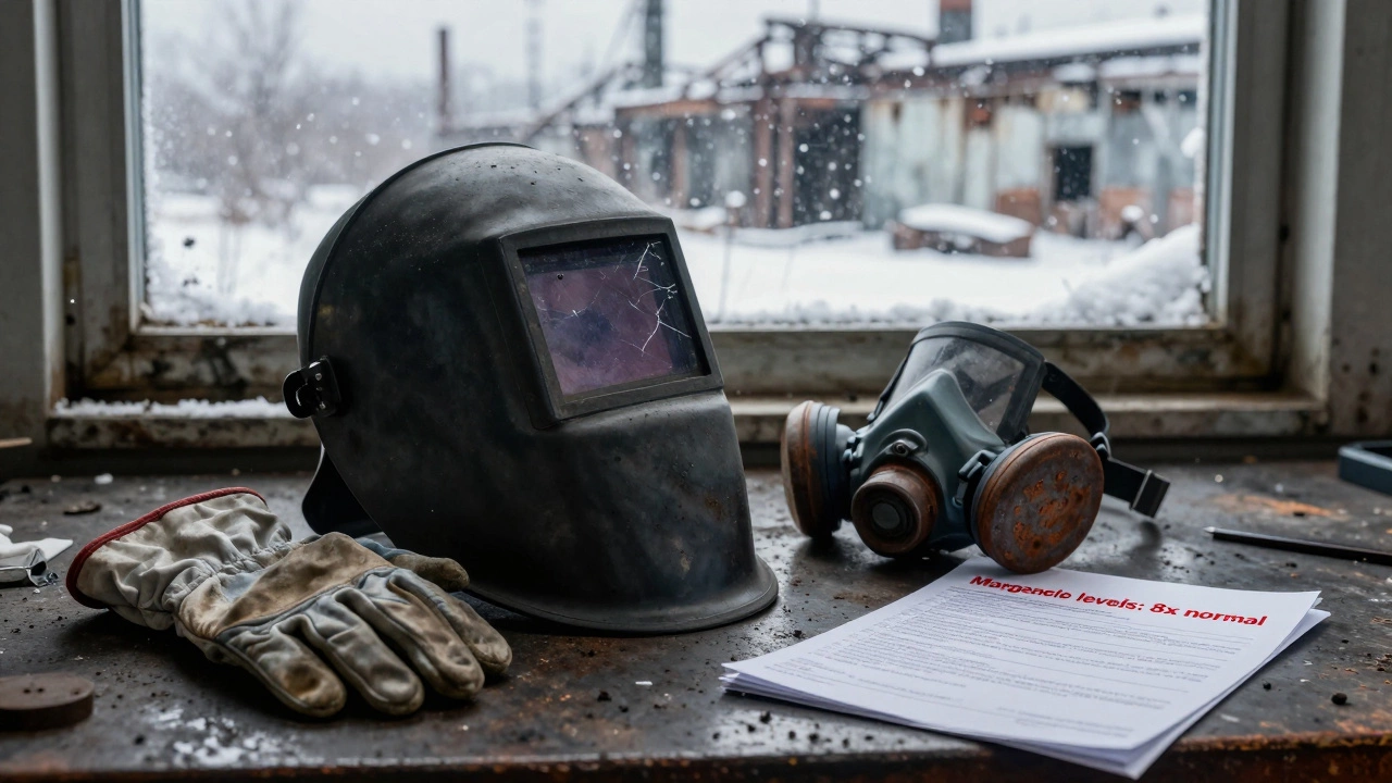 Сварочная маска на столе рядом с респиратором и медицинским заключением о высоком уровне марганца.