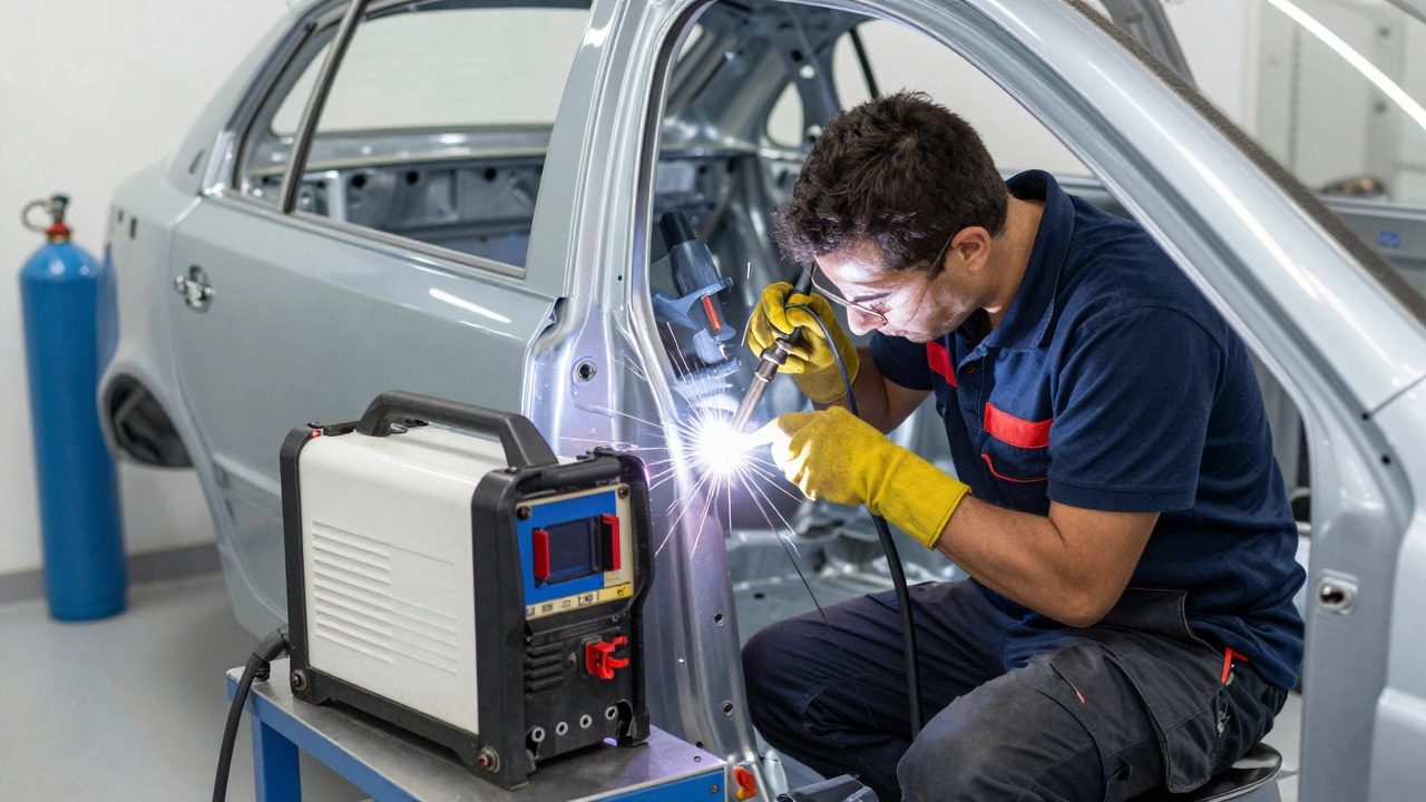 Техник сваривает тонкий лист металла на кузове автомобиля с помощью MIG/MAG сварки в чистой мастерской.