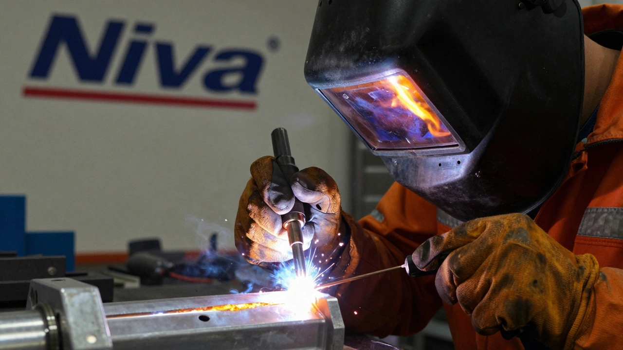 Тонкая сварка алюминиевой детали трактора методом ТИГ, видны светящийся шов и защитный газ.