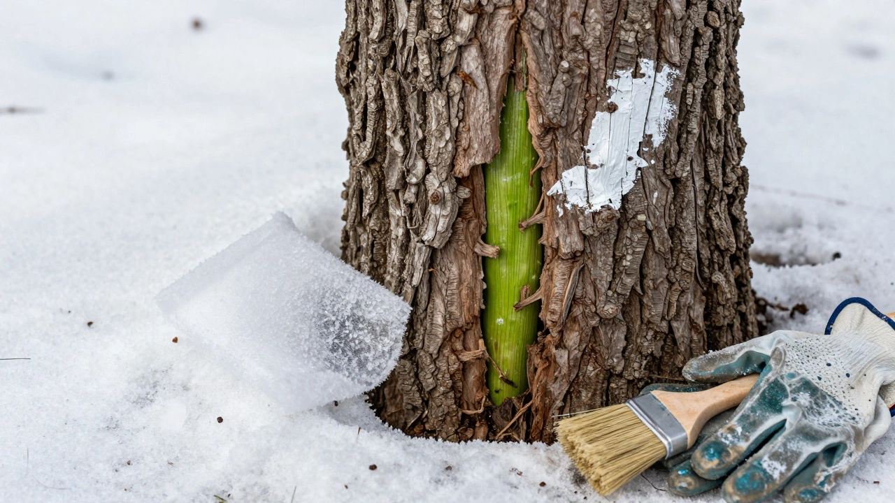 Треснувший ствол дерева весной с видимой здоровой тканью и следами защитной краски.