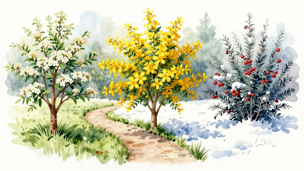 Водяная живопись четырех сезонов неприхотливых кустарников возле дома.