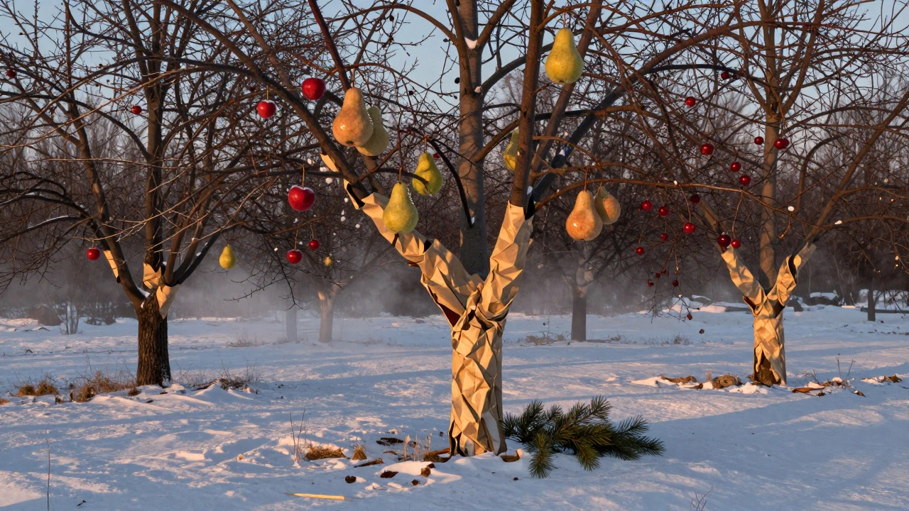 Зимний сад с деревьями, обернутыми крафт-бумагой, и лапником у оснований.