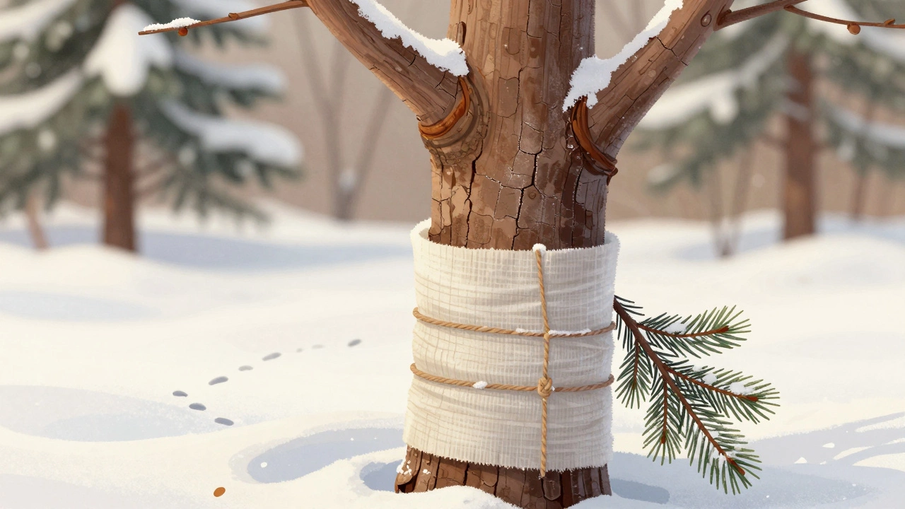 Близкий план ствола дерева с садовым варом и спанбондом, следы мышей в снегу.