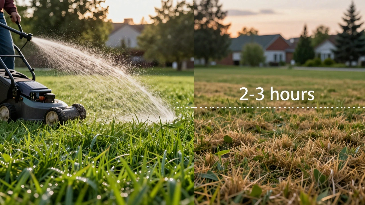 Двухчастная сцена: утренний полив до стрижки слева и сухой газон вечером после стрижки справа.