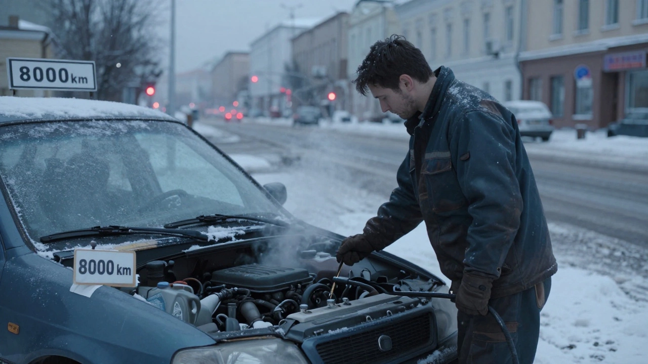 Механик проверяет масло на морозе в российском городе, пар под капотом, снег на дороге.