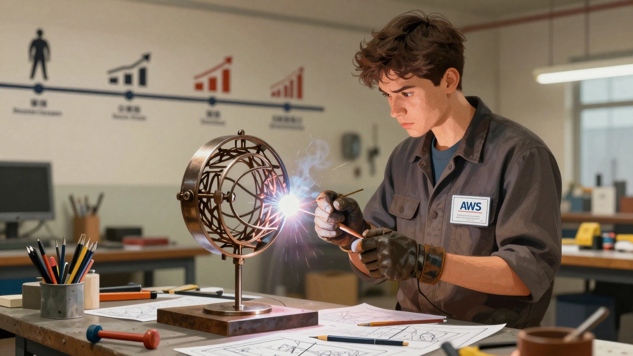 Молодой сварщик в учебной мастерской держит сертификат AWS рядом с металлической скульптурой.