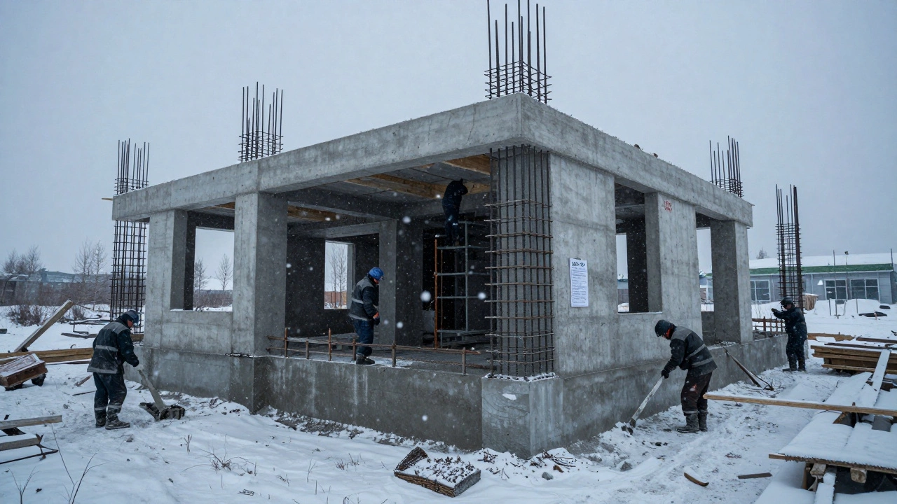 Монолитный бетонный дом в строительстве во время снегопада, арматура и бетон.