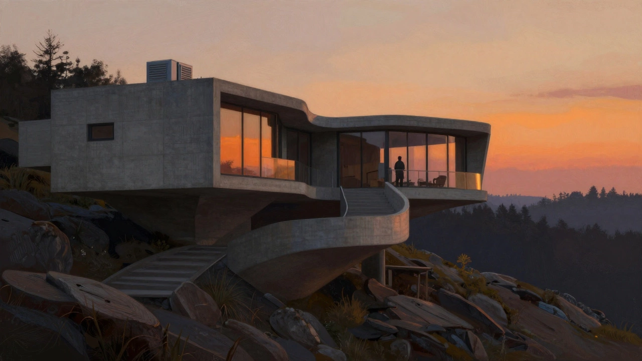 Монолитный дом с волнообразными террасами на холме при закате, с большими окнами и бетонными стенами.