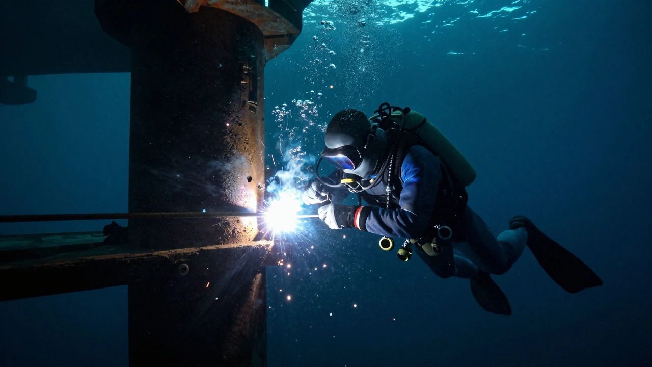 Подводный сварщик-дайвер ведет сварку на морской платформе в темных водах, свет дуги освещает океан.