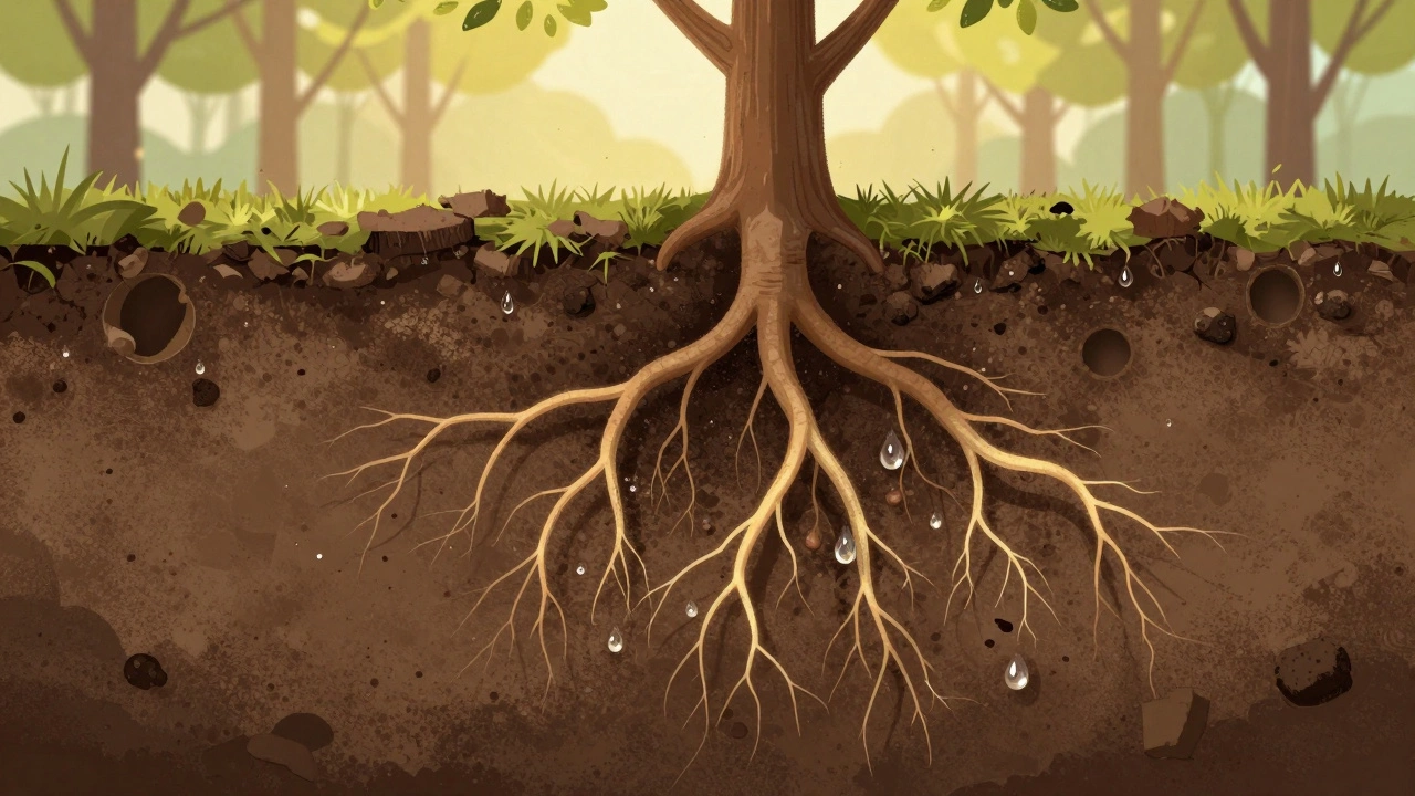 Разрез корневой системы саженца, где вода заполняет воздушные карманы между корнями и почвой.