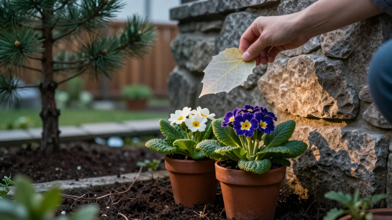 Рука сажает цветы в тенистом уголке сада, проверяя свет листом бумаги.