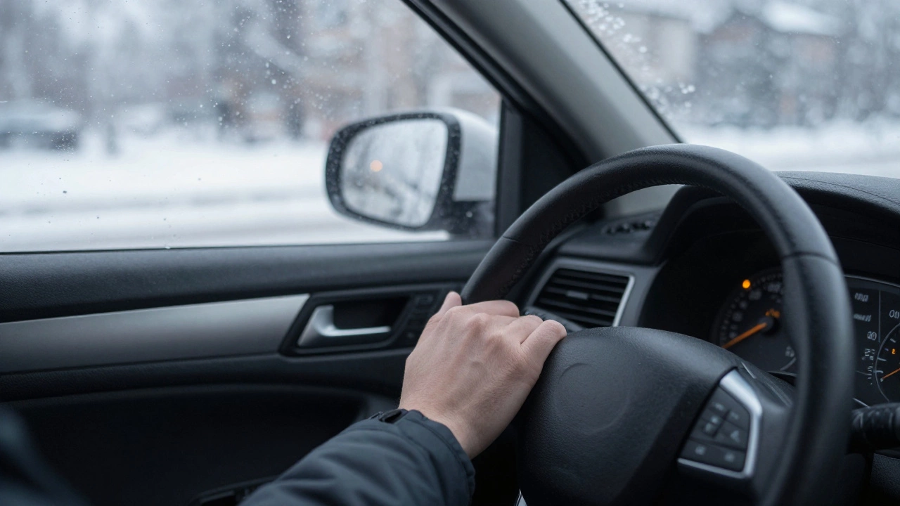 Рука водителя на тормозной педали, на фоне зимнего города и мигающей лампочки предупреждения на приборной панели.