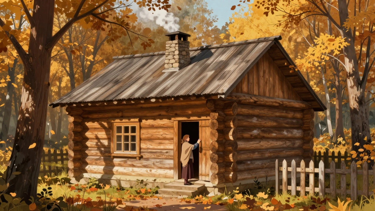 Русский деревянный сруб в осеннем лесу, с дымом из трубы и падающими листьями.