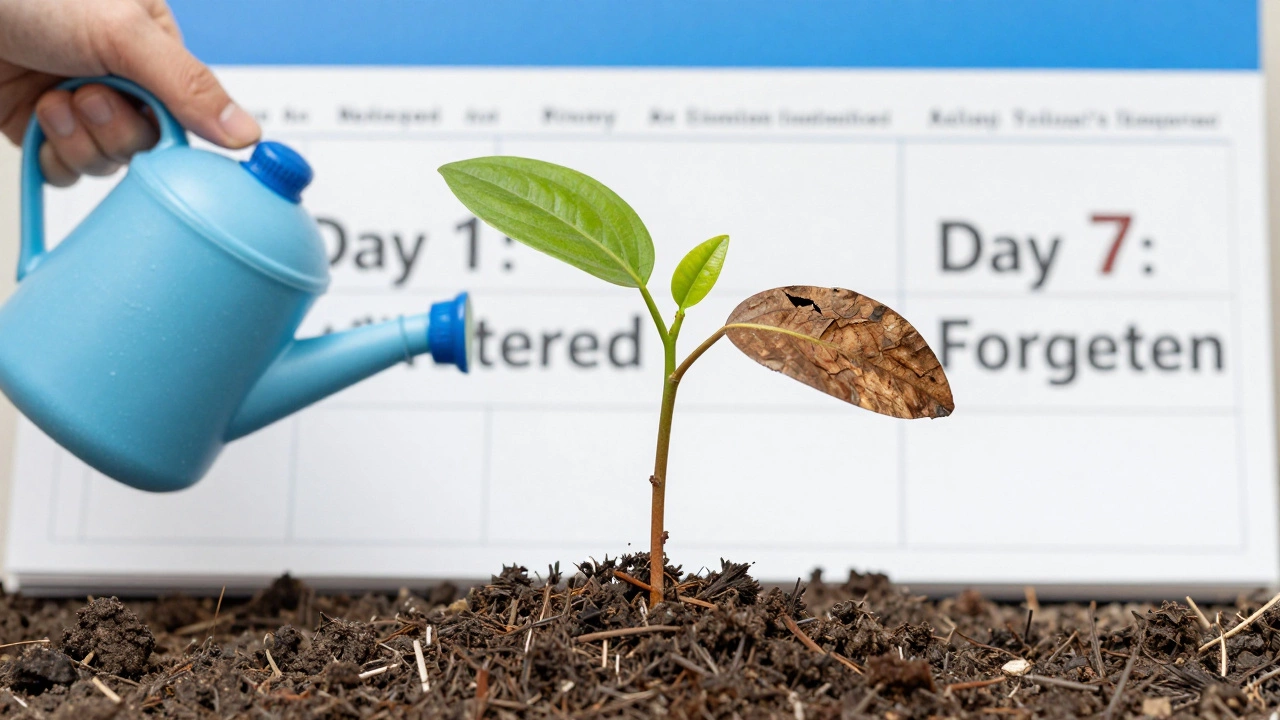 Саженец пополам: одна половина здорова и зелена, другая — сухая и мертва, символизируя последствия неправильного полива.