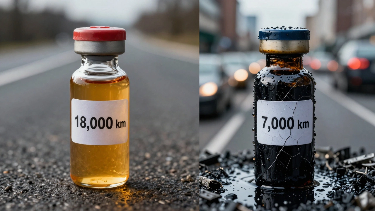 Сравнение чистого и загрязнённого моторного масла в двух условиях: трасса и город.