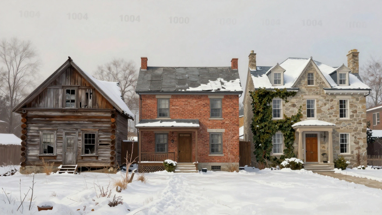 Сравнение домов: деревянный в разрушении, кирпичный целый, каменный вечный.