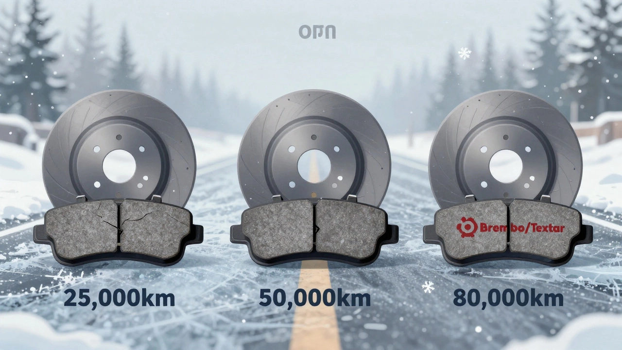 Сравнение трех типов тормозных колодок с разным пробегом: дешевых, стандартных и премиальных брендов на снежной дороге.