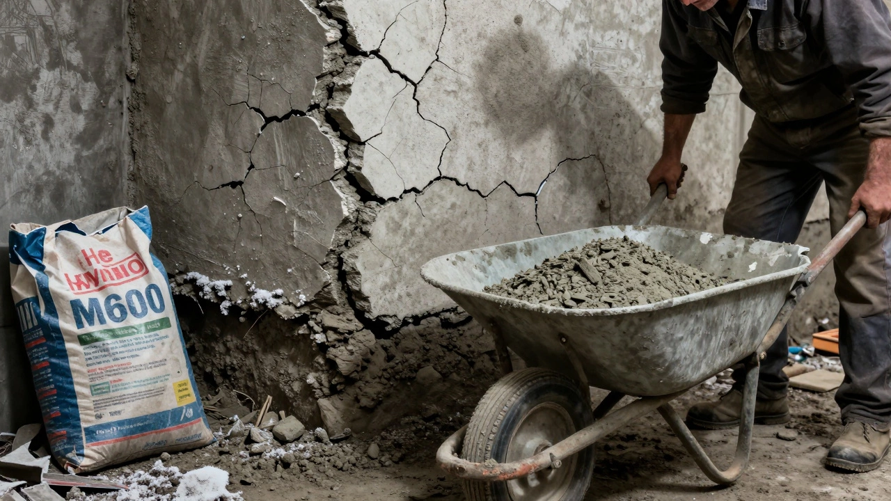 Трещины в фундаменте из М600 рядом с правильной заливкой М500.