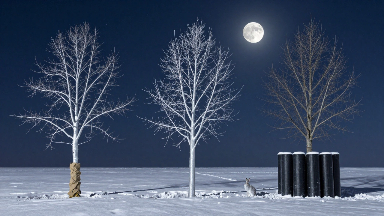 Три метода защиты деревьев: побелка, вазелин и пластиковые трубы вокруг ствола под лунным светом.