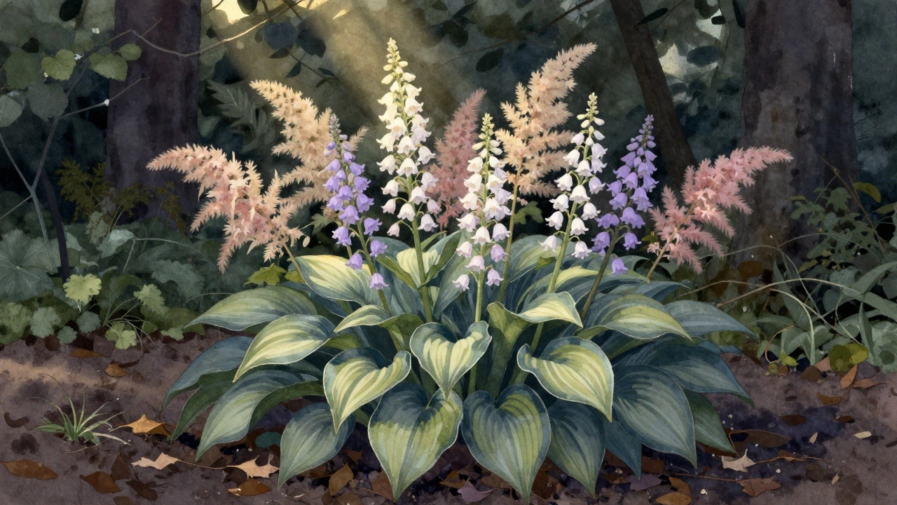 Высокий цветущий хоста с пушистыми соцветиями астильбы на фоне тенистого леса.