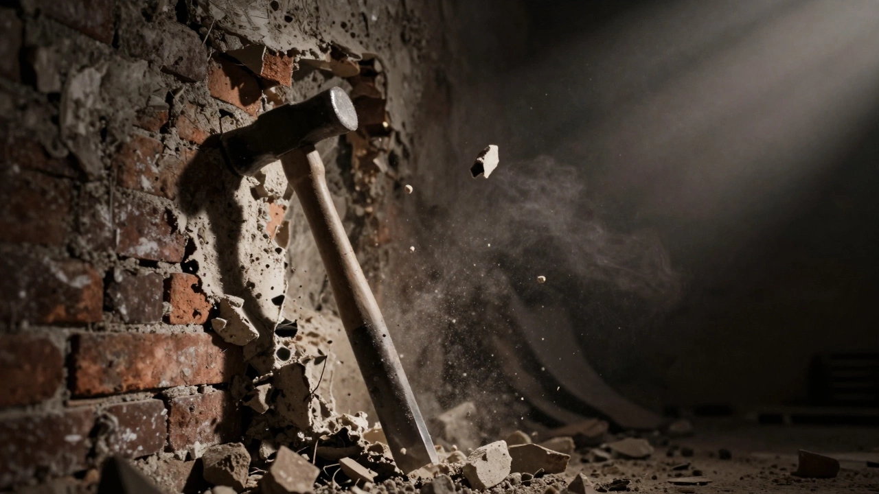 Зубило сбивает старую штукатурку с кирпичной стены.