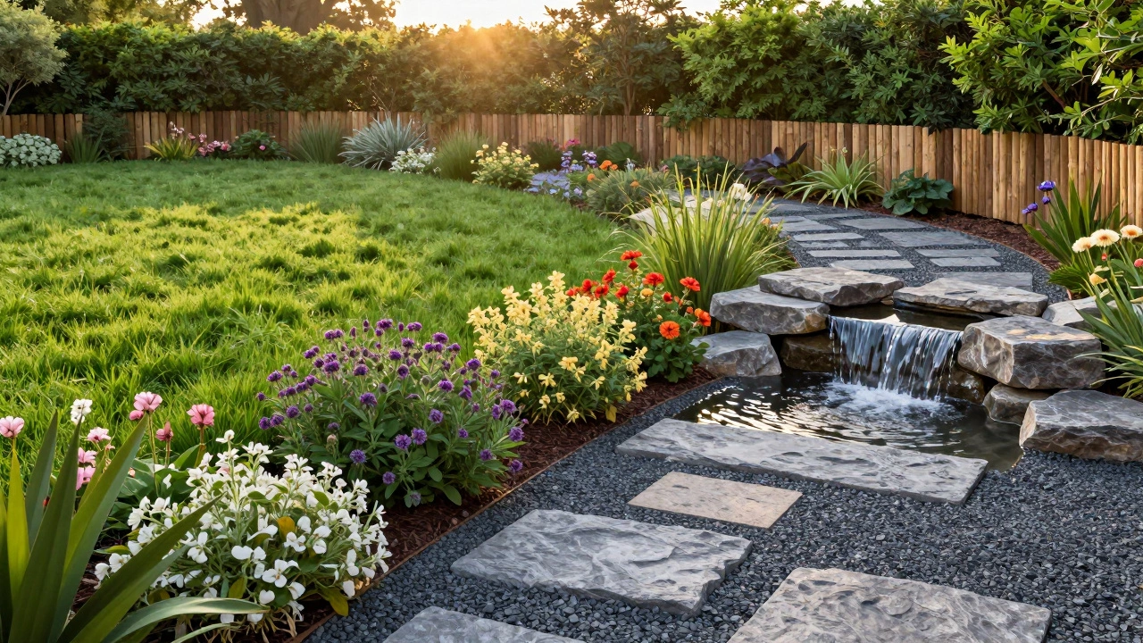 Экологичная лужайка с дикими цветами, каменной дорожкой и водным каскадом из камней.