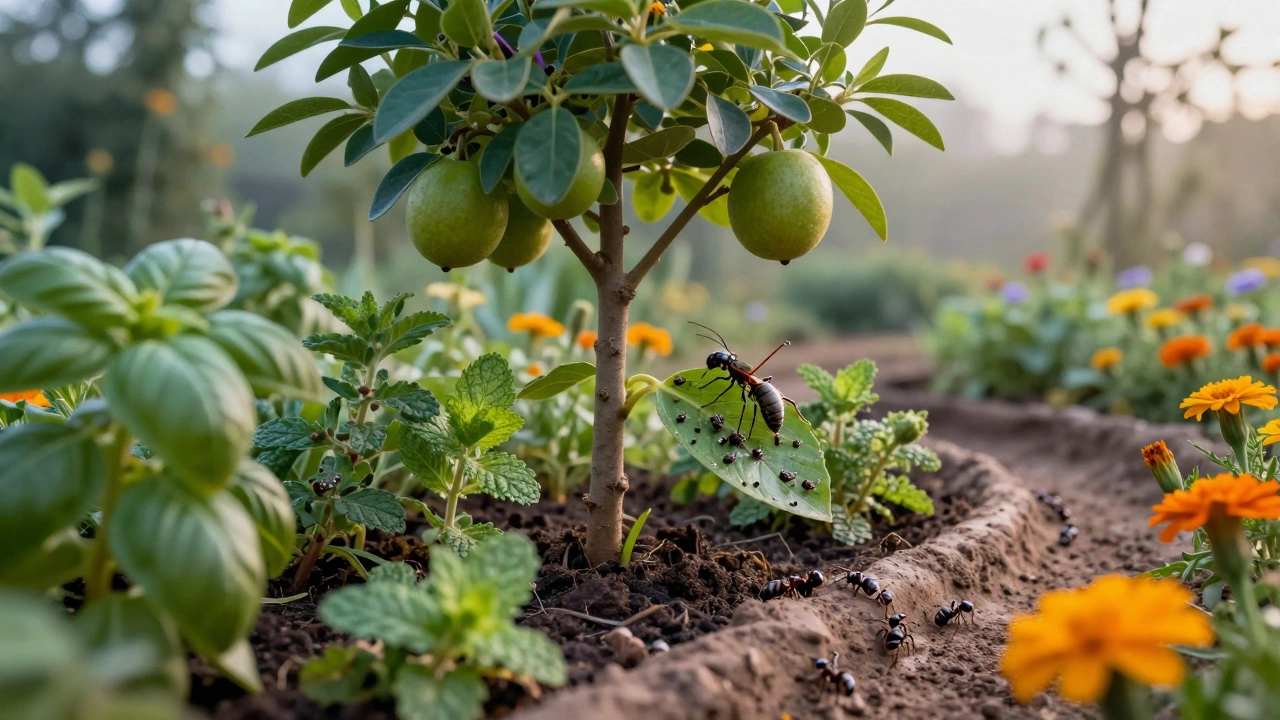 Фруктовое дерево окружено ароматными травами, тля атакована наездником, муравьи отрезаны от колонии.
