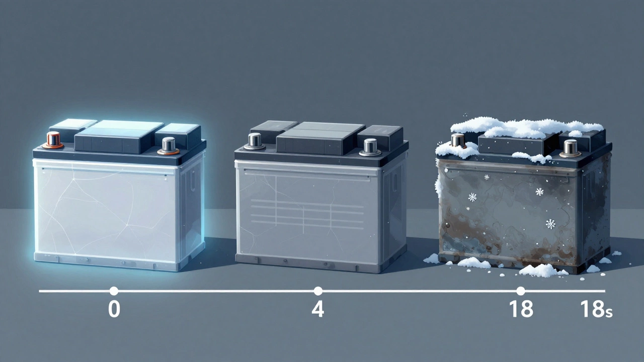 Иллюстрация старения аккумулятора: от свежего с блестящей энергией до старого с трещинами и инеем, с временной шкалой.