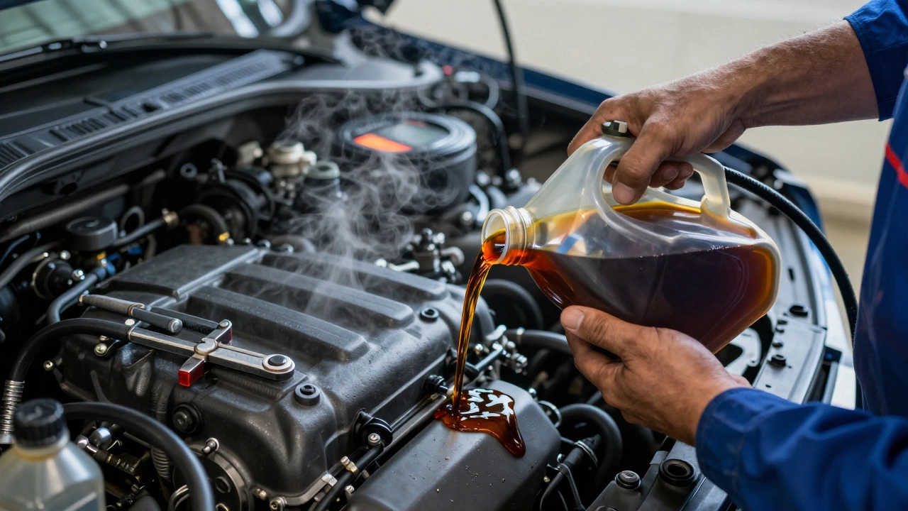 Механик проверяет стекание масла из горячего двигателя, термометр показывает 88°C, рядом лежит новый масляный фильтр.