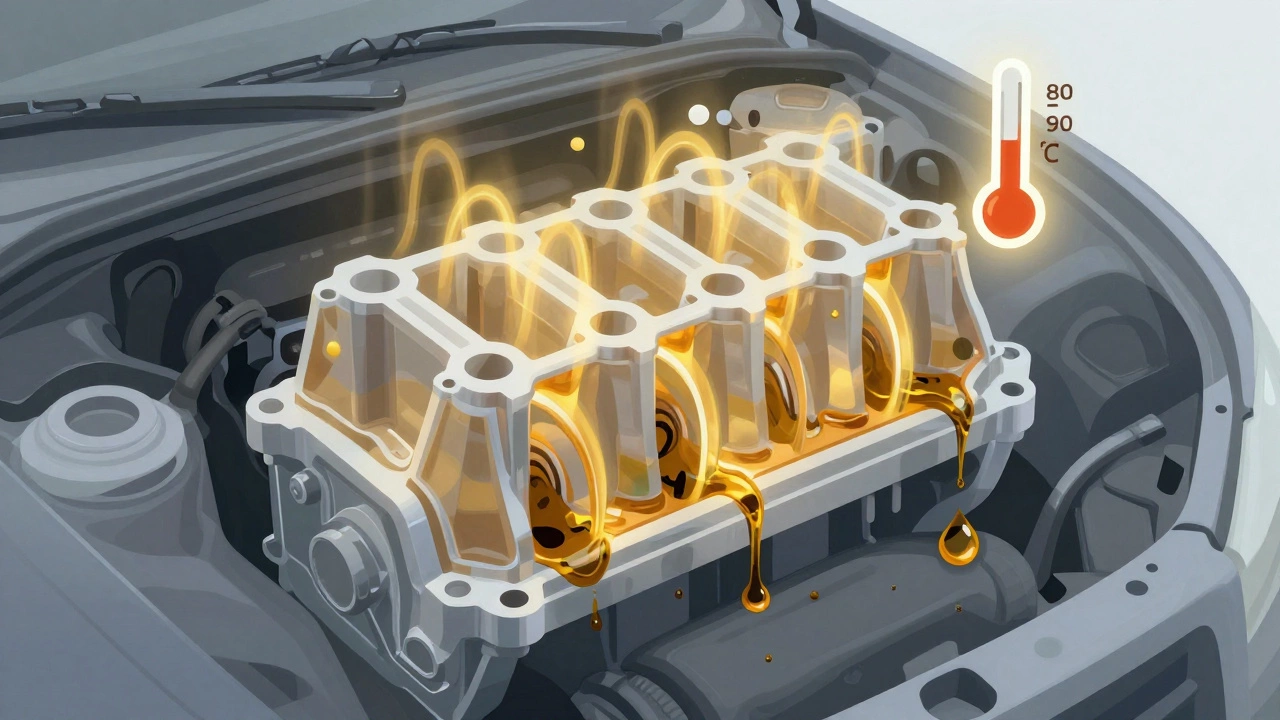 Прозрачный двигатель: горячее масло вытекает из каналов, холодное масло остается в углублениях, температура 80-90°C.