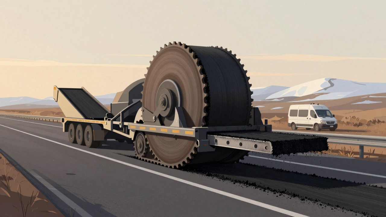 Разрез асфалькоснимателя, показывающий, как барабан срезает слой асфальта, не повреждая основание.