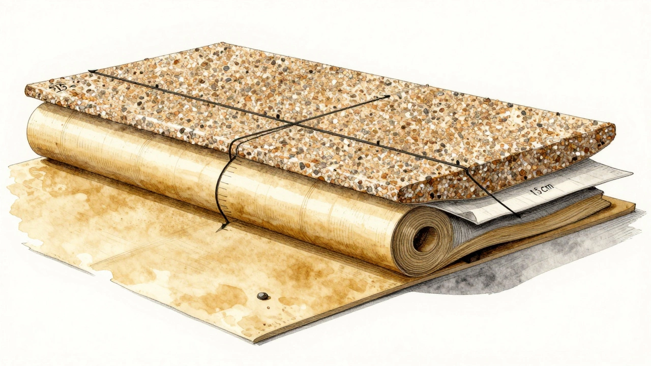 Разрез рулонной кровли: три слоя с нахлестом, верхний слой с гранитной крошкой, теплые оттенки.