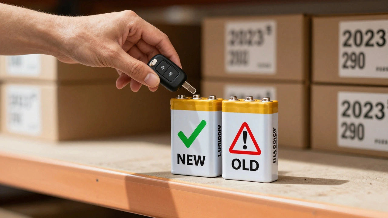 Рука держит ключ рядом с двумя аккумуляторами — один новый с зелёной меткой, другой старый с красным предупреждением на складской полке.