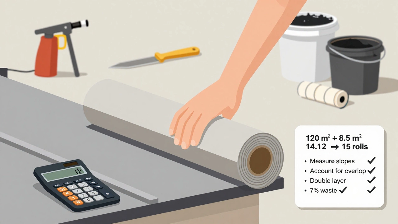 Рулоны кровельного материала на крыше с калькулятором и чек-листом расчета, минималистичный стиль.